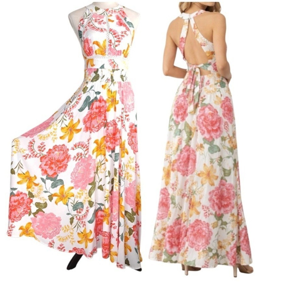 Abel The‎ Label Anthropologie Floral Maxi Dress Medium Rayon Open Back Halter